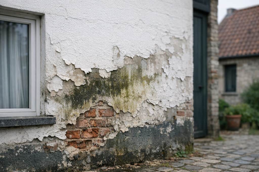 Afschilferend verfwerk op een buitengevel na vorstschade