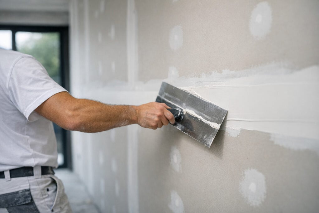 Ervaren vakman gespecialiseerd in gipsplaat installateurs aan het werk