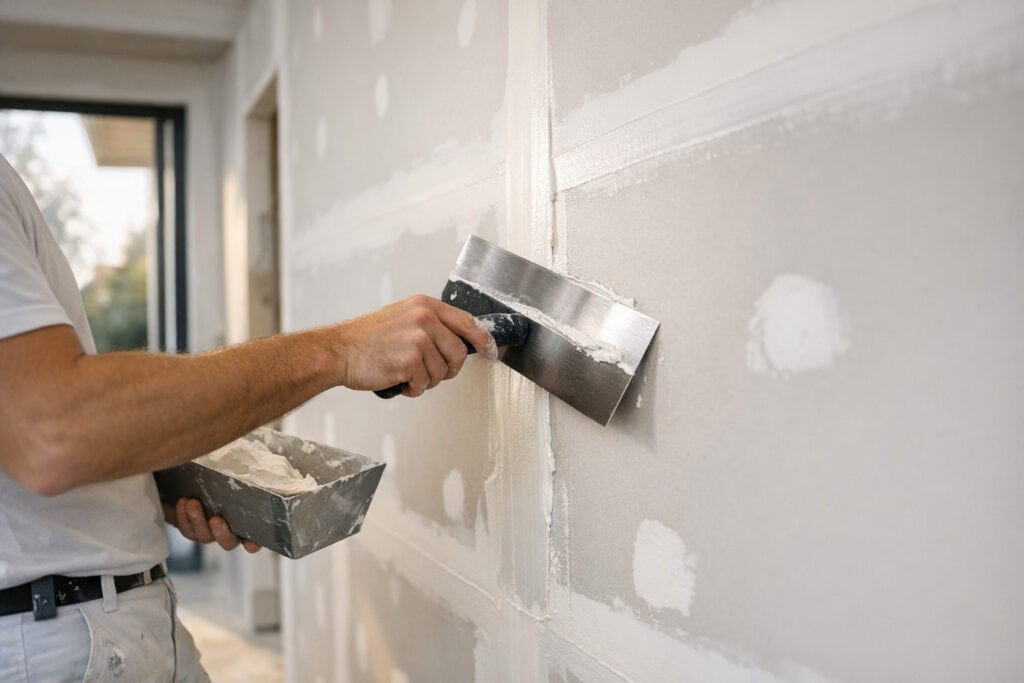 Vakman die gipsplaat reparatie uitvoert aan een woning