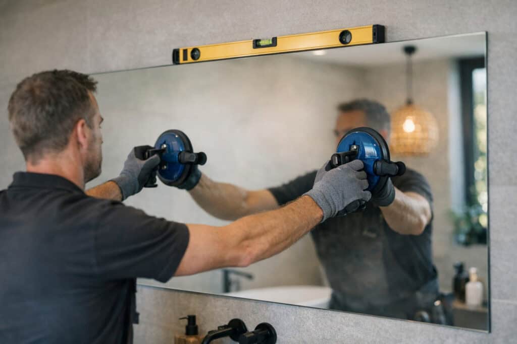 Ervaren vakman gespecialiseerd in glas en spiegels aan het werk