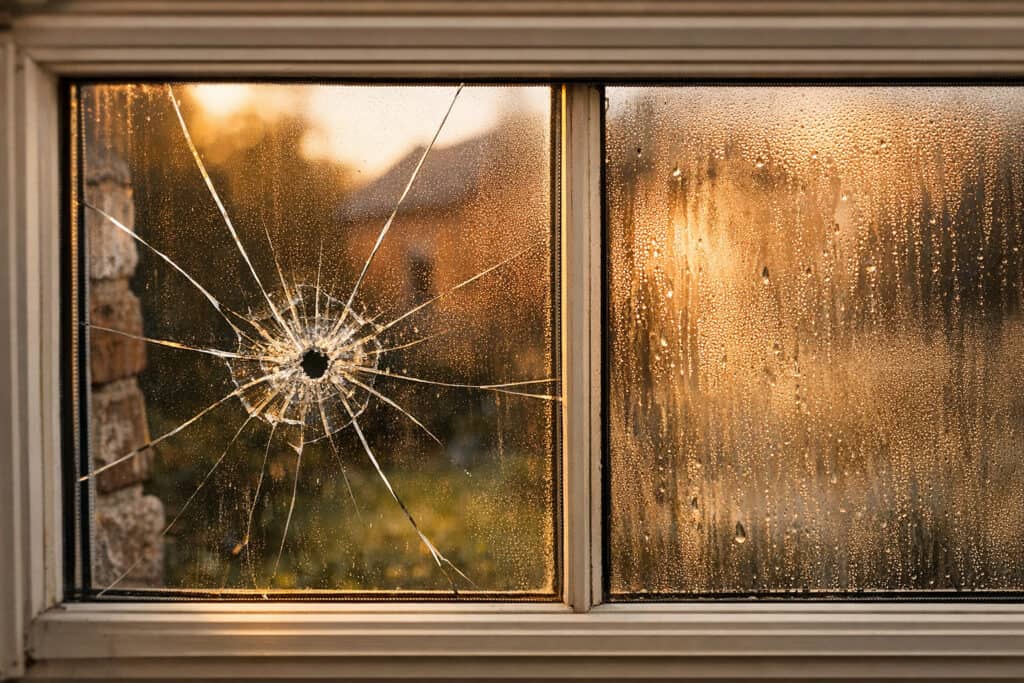 Kapot raam met een gat en sterpatroon door een bal van spelende kinderen