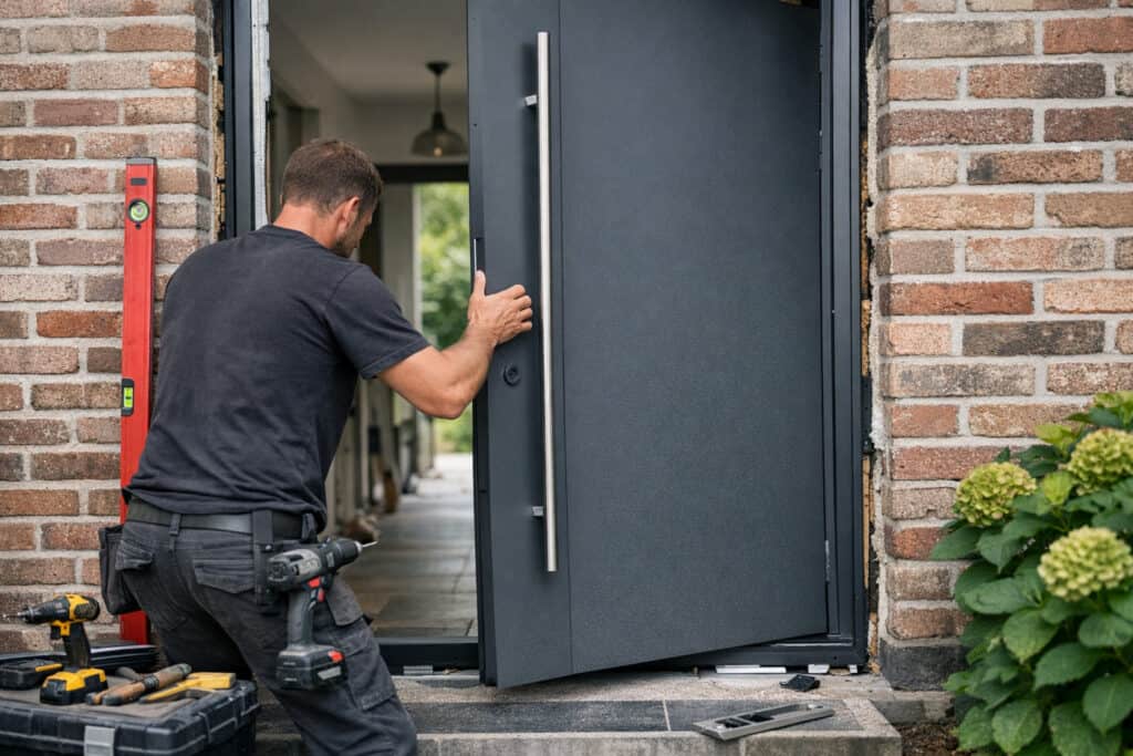 Specialist bezig met glazen deur installatie in een woning