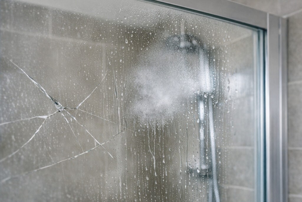 Water dat langs de rand van een glazen douchewand op de vloer lekt