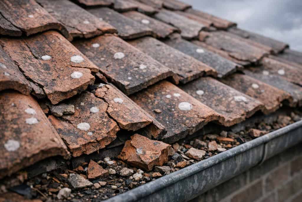 Door hagel beschadigde dakpannen met scheuren en afgebroken stukken