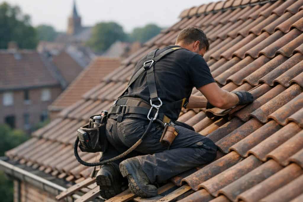 Vakman die hagelschade reparatie uitvoert aan een woning
