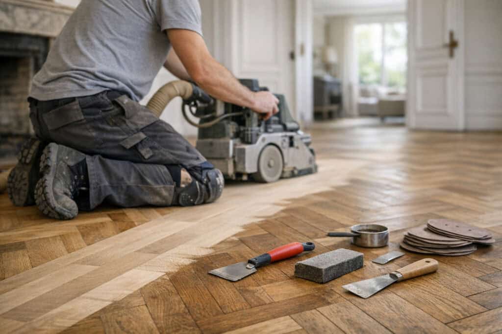 Ervaren vakman gespecialiseerd in hardhouten vloeren aan het werk