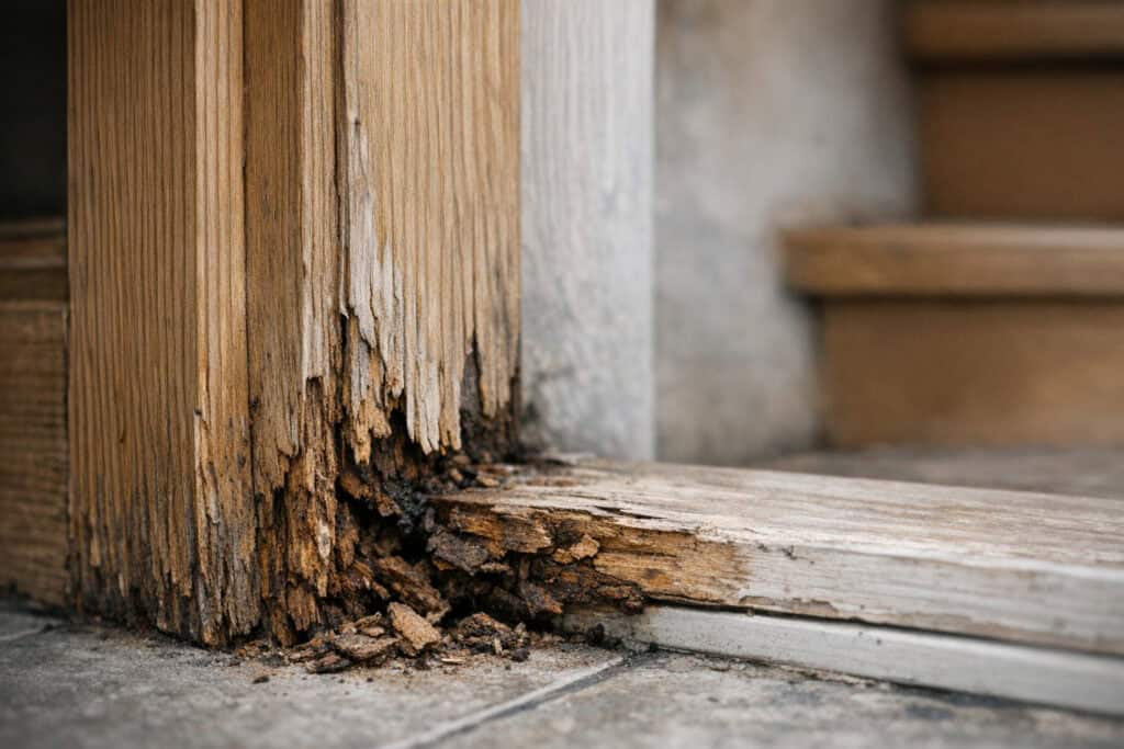 Verrot hout aan de onderkant van een raamkozijn met zichtbare schimmel