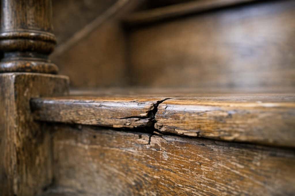 Oude houten trap met zichtbare spleten tussen treden en stootborden