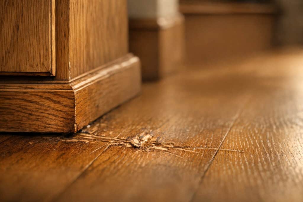 Krassen en deuken in een houten vloer veroorzaakt door meubelpoten