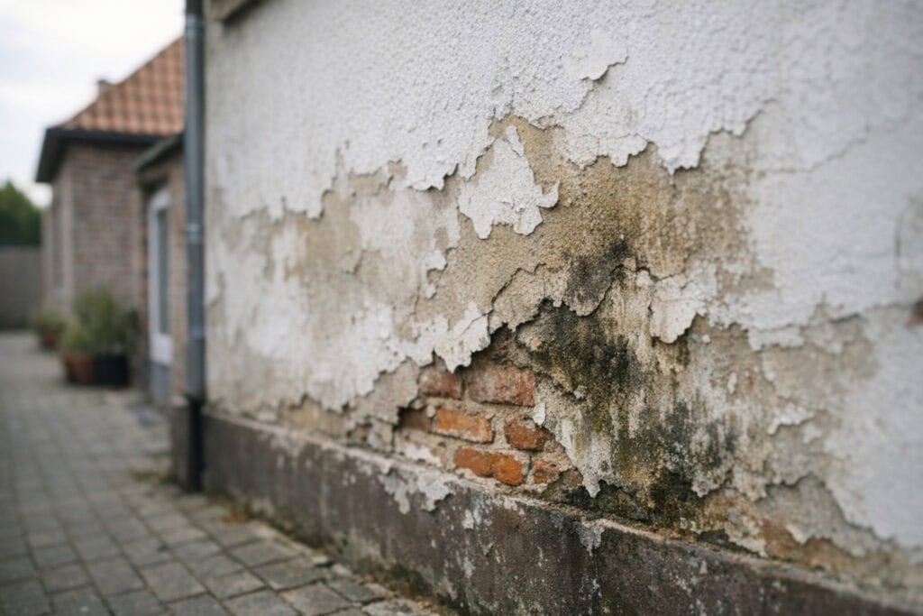 Verweerd en verschoten houten raamkozijn met afbladderende verf
