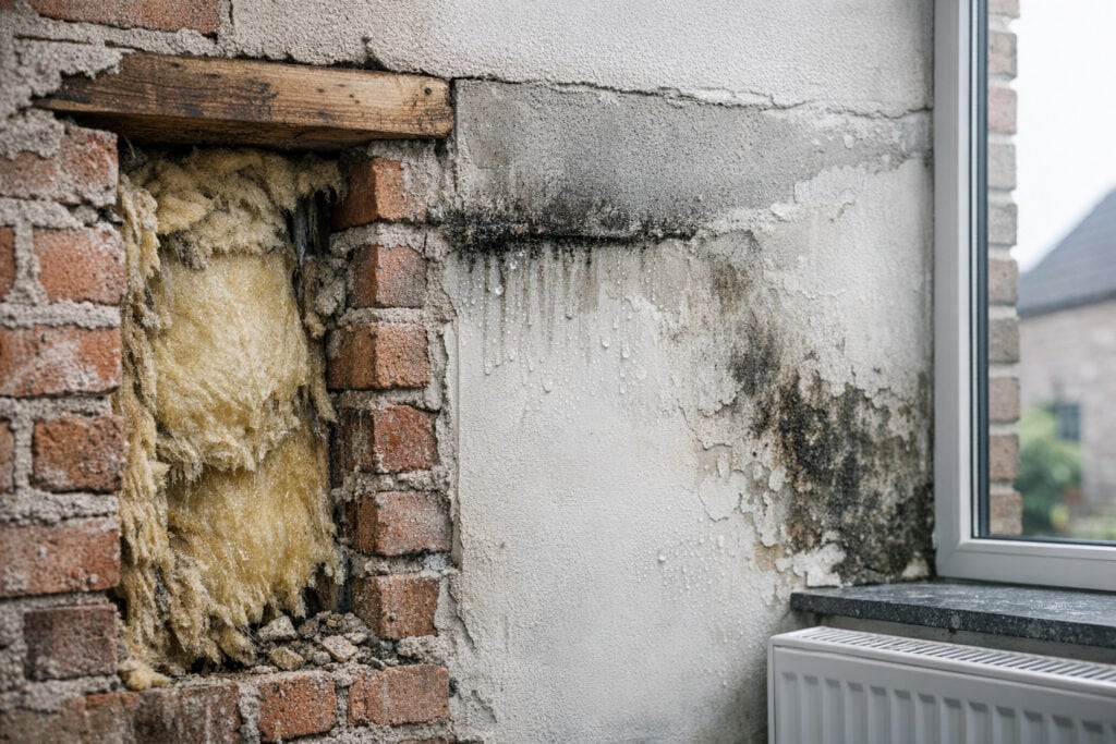 Koud huis met zichtbaar warmteverlies en rijp aan de binnenzijde van het raam