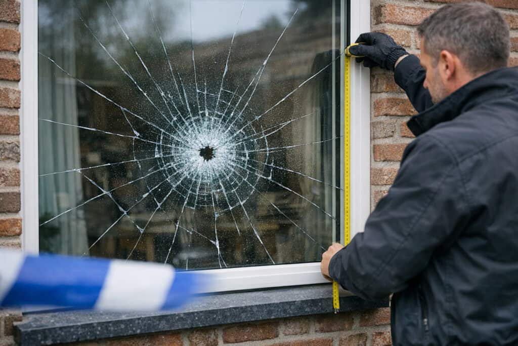 Ingeslagen raam na inbraak dat vervangen moet worden door veiligheidsglas