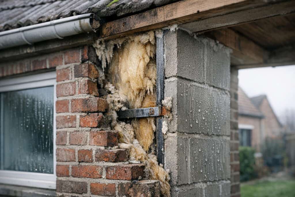 Opengewerkte spouwmuur met uitgezakte isolatie die niet meer dekkend is