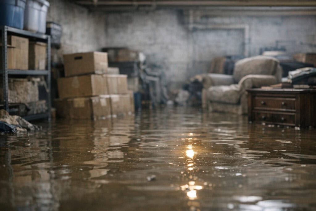 Ondergelopen kelder met water na hevige regenval