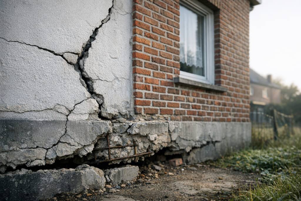 Versleten keldertrap met afbrokkelende treden en ontbrekende leuning