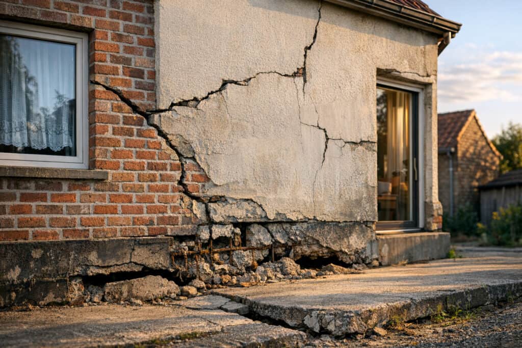Keldermuur die naar binnen buigt door grondwaterdruk met zichtbare scheuren