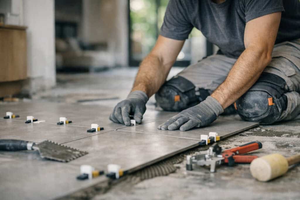 Vakman die keramische tegel reparatie uitvoert aan een woning
