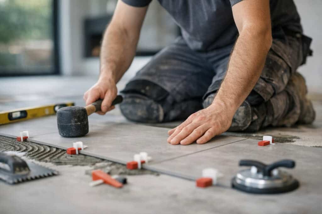 Ervaren vakman gespecialiseerd in keramische tegels aan het werk