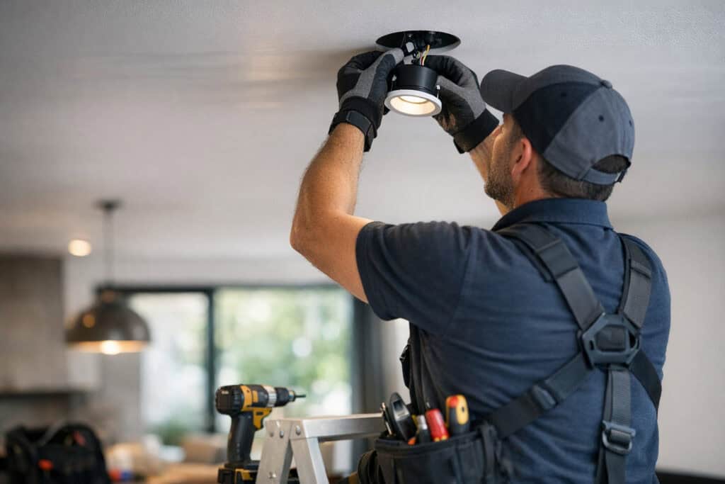 Specialist bezig met kerstverlichting installatie in een woning