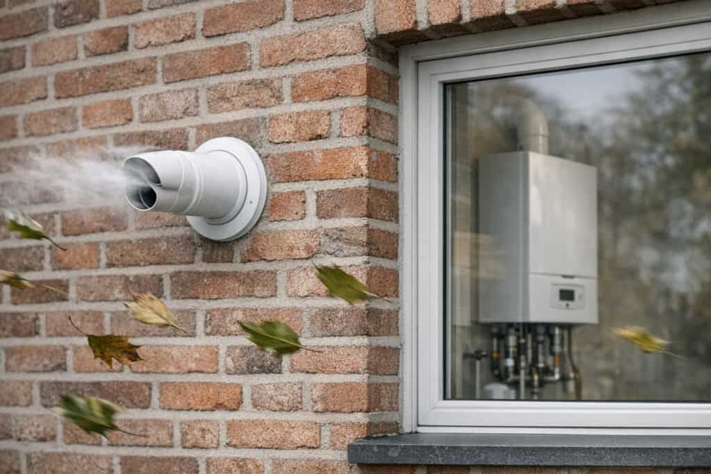 Rookgasafvoer van ketel die uitslaat bij harde wind