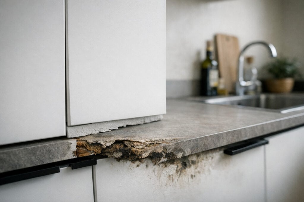 Gebarsten keukenblad met een duidelijke scheur in het werkoppervlak