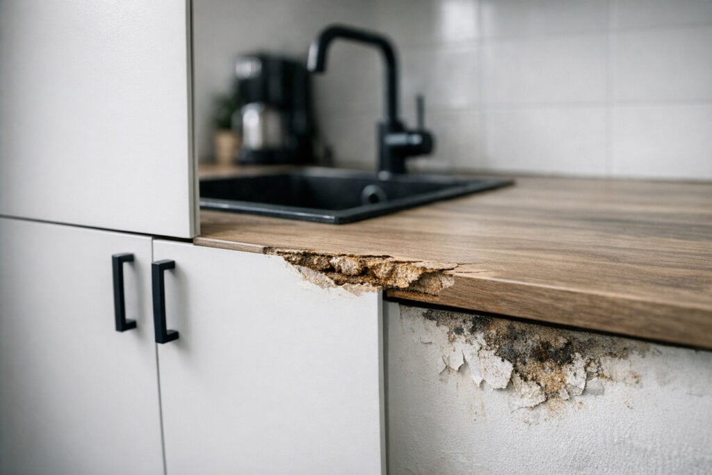 Keukenkastje dat scheef aan de muur hangt met zichtbare schroefgaten