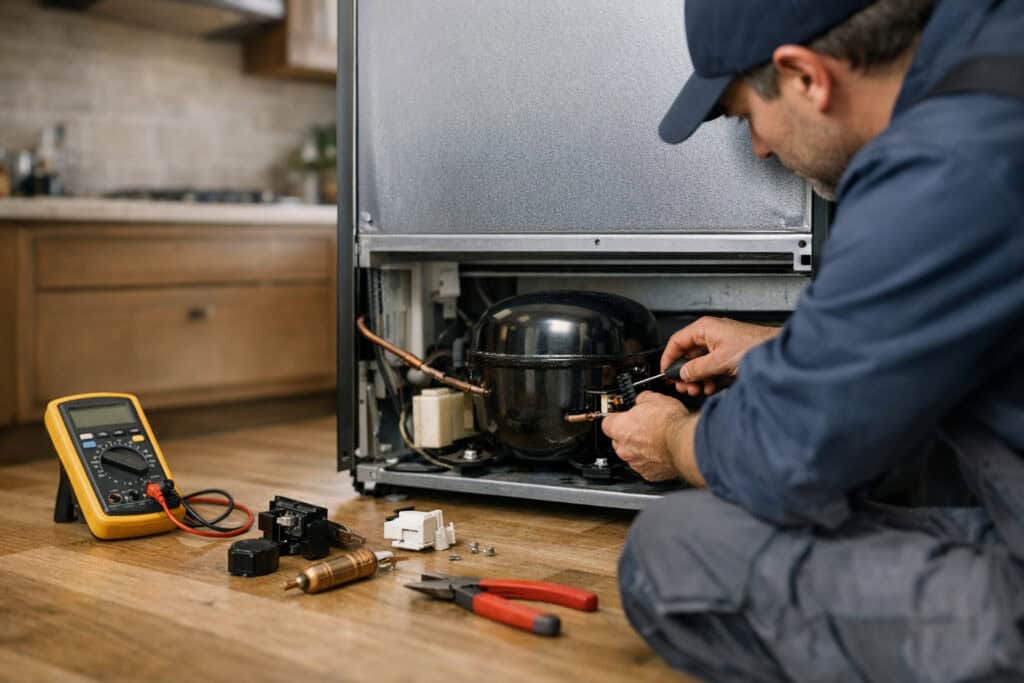 Vakman die koelkast reparatie uitvoert aan een woning