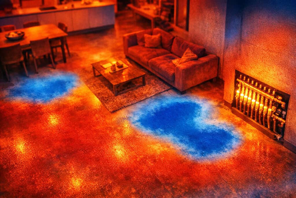 Koude plekken op vloer met vloerverwarming door ongelijke warmteverdeling