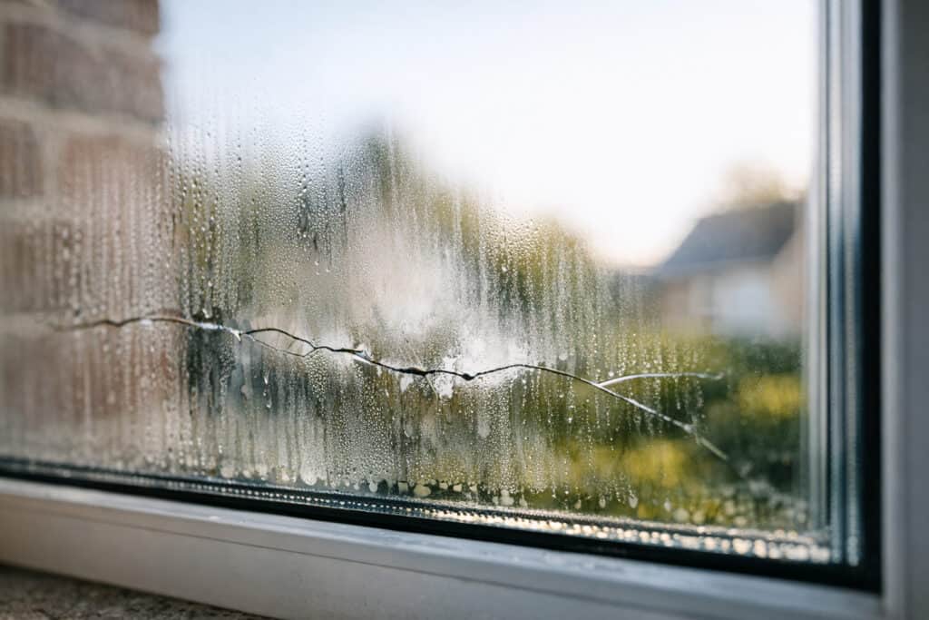 Diepe kras in de buitenste ruit van dubbele beglazing