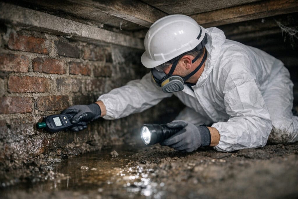 Ervaren vakman gespecialiseerd in kruipruimte inkapseling aan het werk