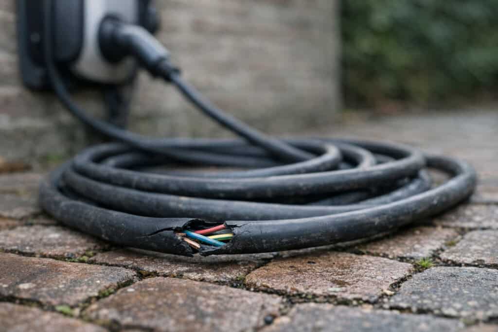 Beschadigde laadkabel van laadpaal met gescheurde isolatie