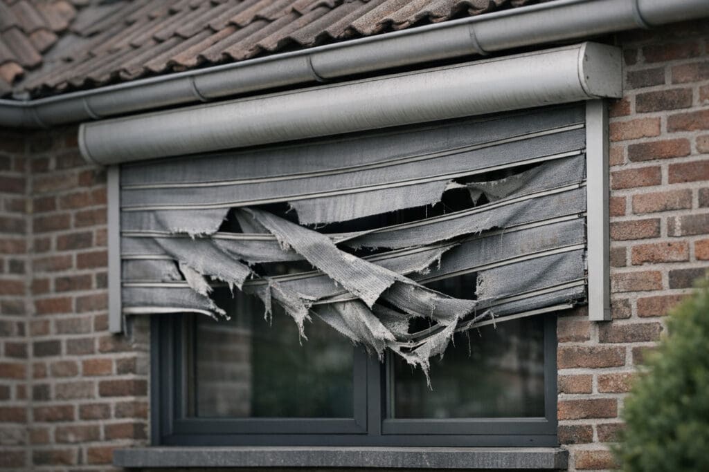 Gescheurd doek van een screen zonwering met zichtbare scheuren