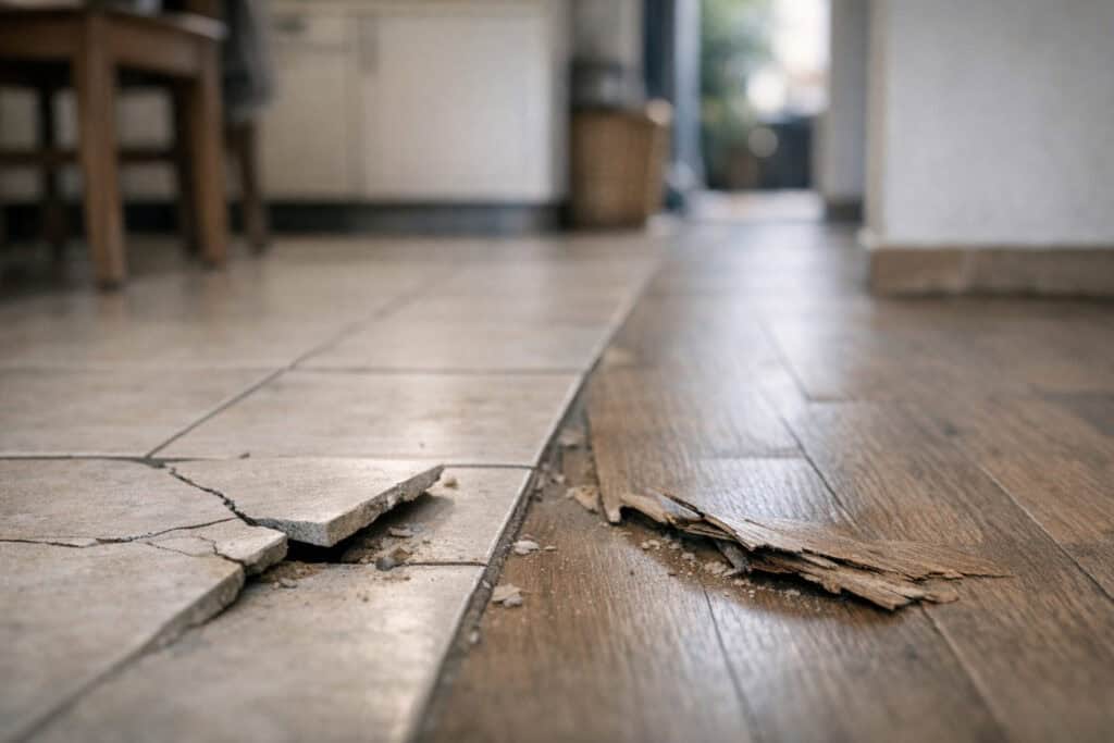 Zichtbare naden en spleten tussen gekrompen laminaatplanken