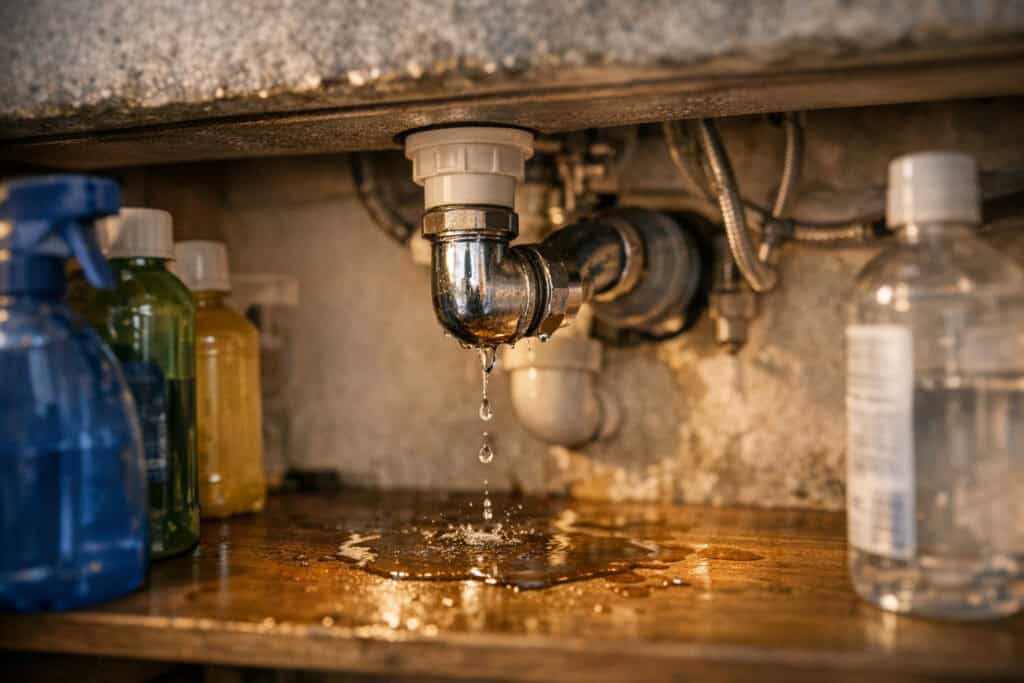 Lekkage onder aanrecht met druppend water bij leidingkoppeling in keuken