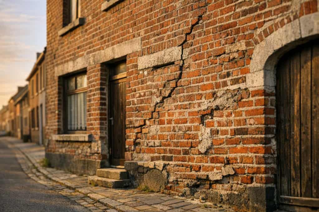 Gevelbekleding die door harde wind losgeraakt en scheef hangt