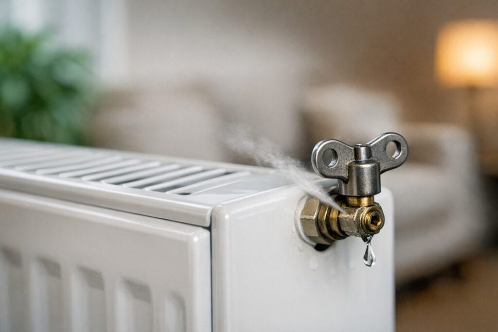 Ontluchten van radiator met ontluchtingssleutel door lucht in systeem