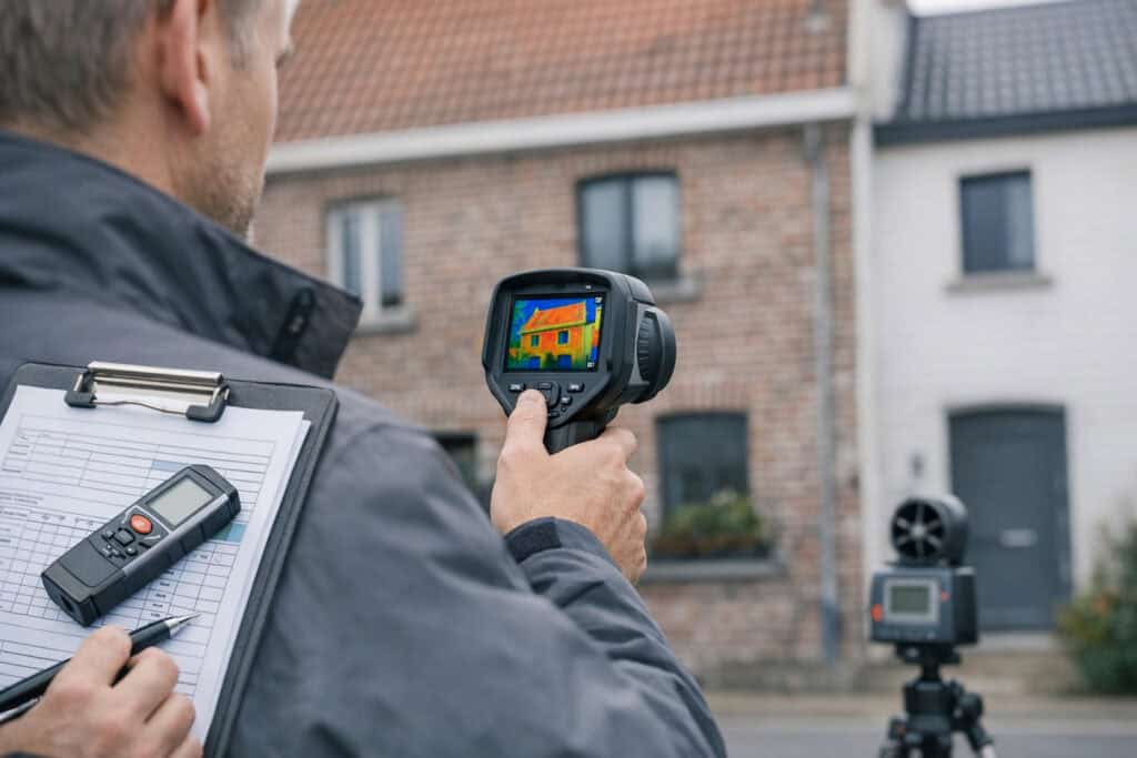 Keurder die een luchtkwaliteitstest woning uitvoert met professioneel meetmateriaal