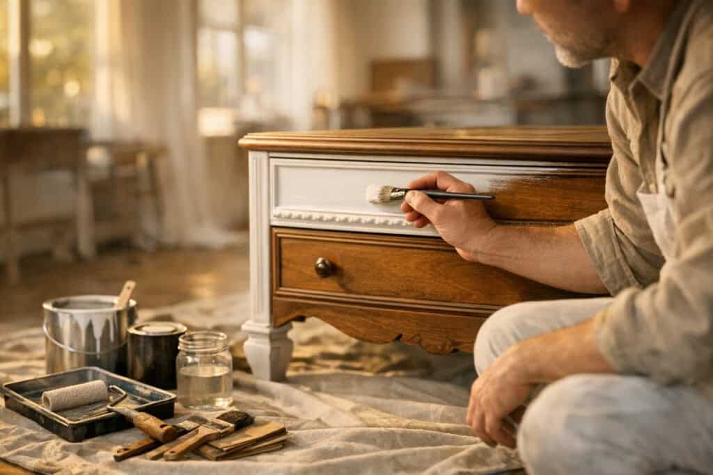 Ervaren vakman gespecialiseerd in meubel schilderen aan het werk
