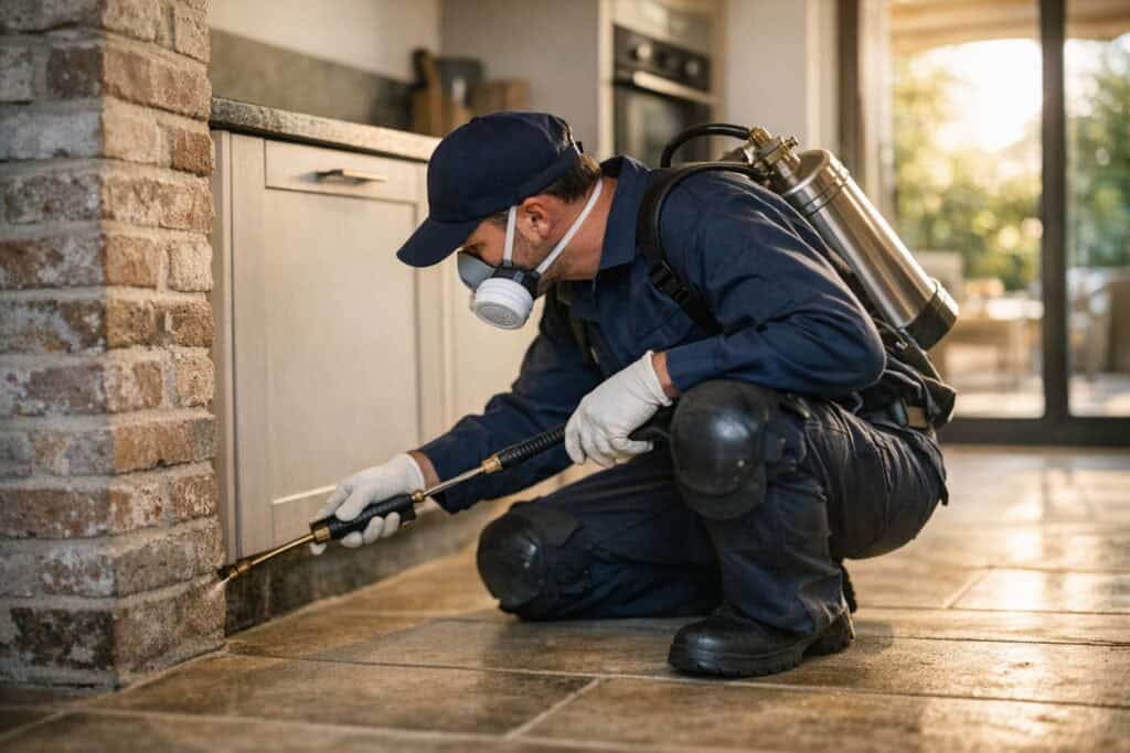 Ervaren vakman gespecialiseerd in mierenbestrijding aan het werk