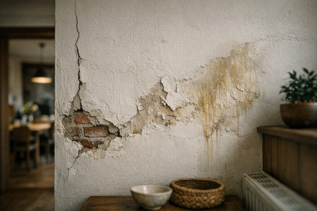 Ongelijk en vervormd pleisterwerk op een muur na wateroverlast