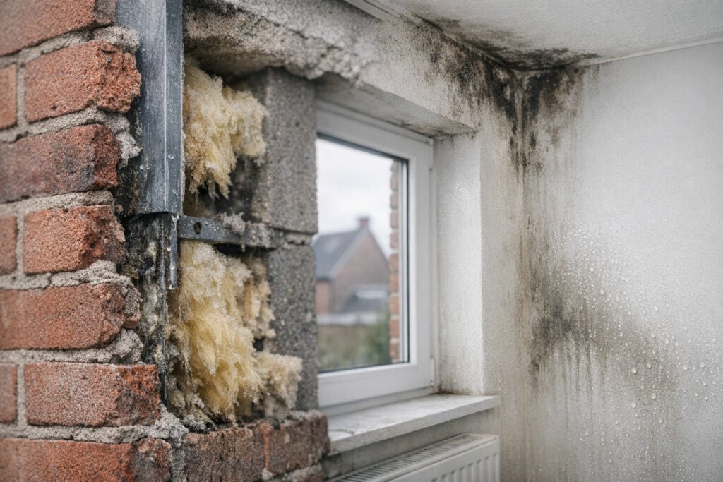 Vochtplekken op een binnenmuur ontstaan na het isoleren van de spouwmuur