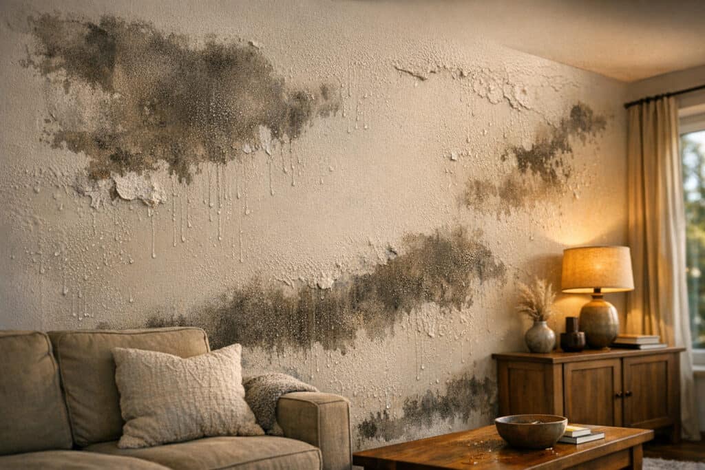 Natte binnenmuur na hevige regen door waterinfiltratie via gevel