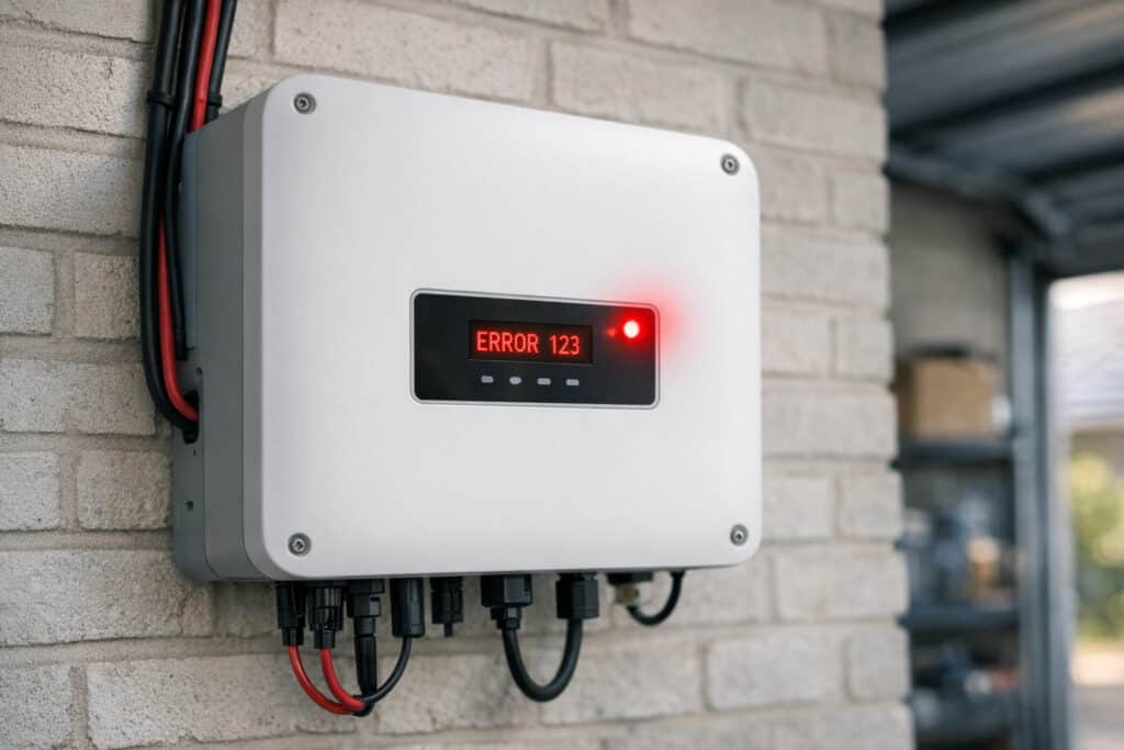 Omvormer van zonnepanelen met rode foutmelding op display