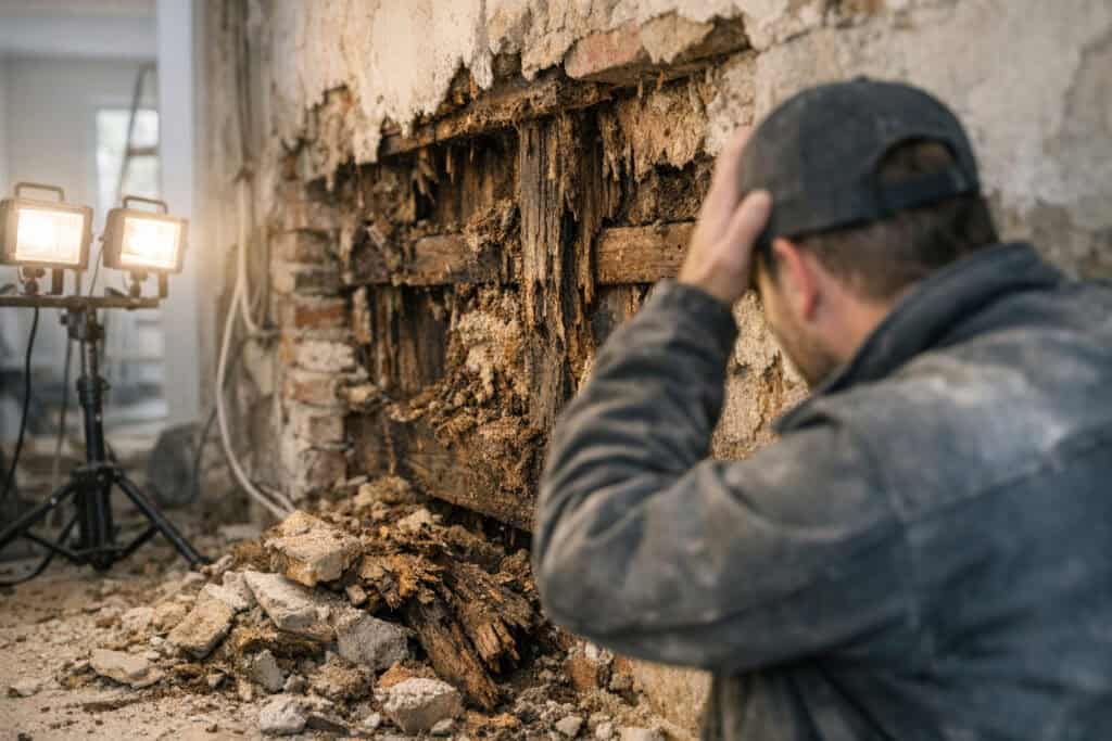 Verborgen houtrot en schade die tevoorschijn komt achter een opengebroken muur