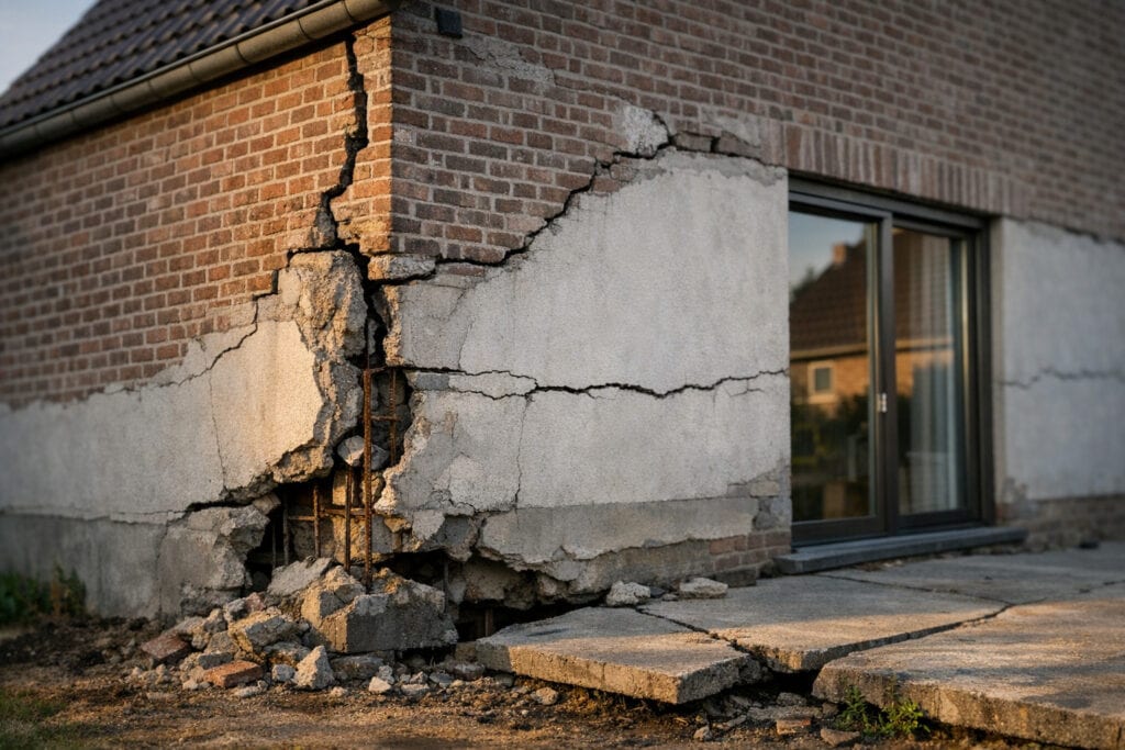 Gescheurde en verzakte betonnen oprit met ongelijke platen