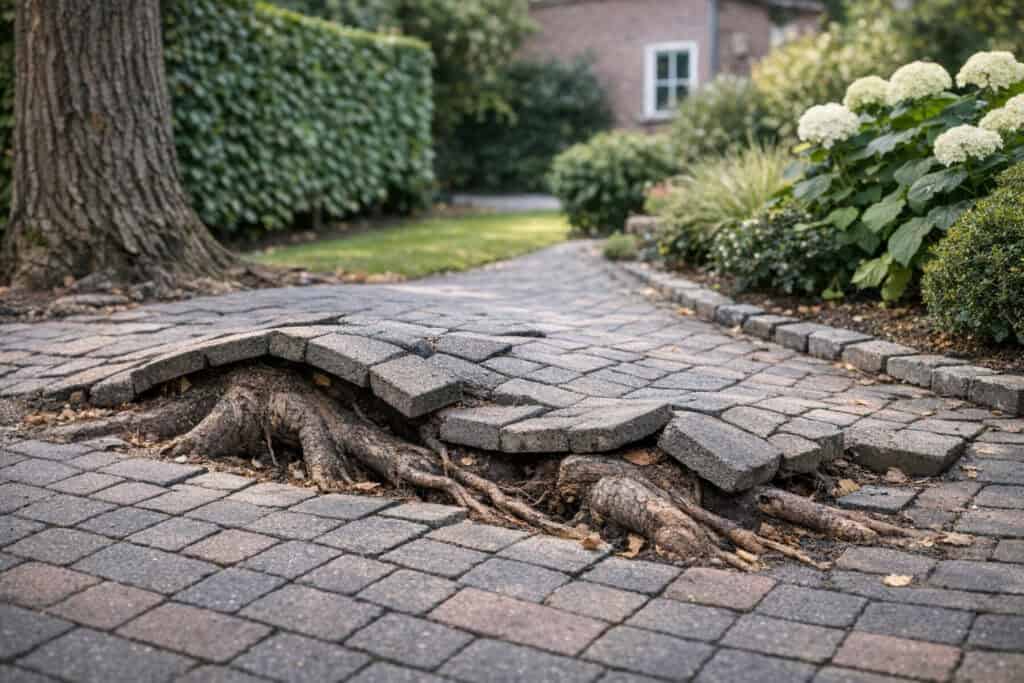 Verzakte opritklinkers die omhoog geduwd zijn door boomwortels