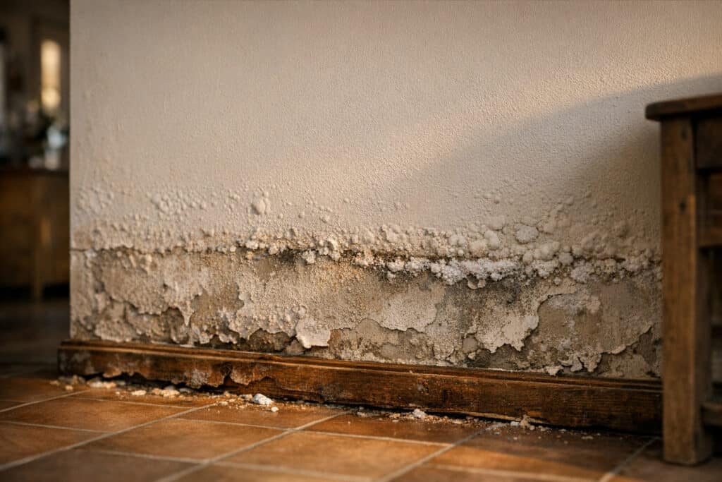 Opstijgend vocht in oude woning met zichtbare vochtgrens op muur