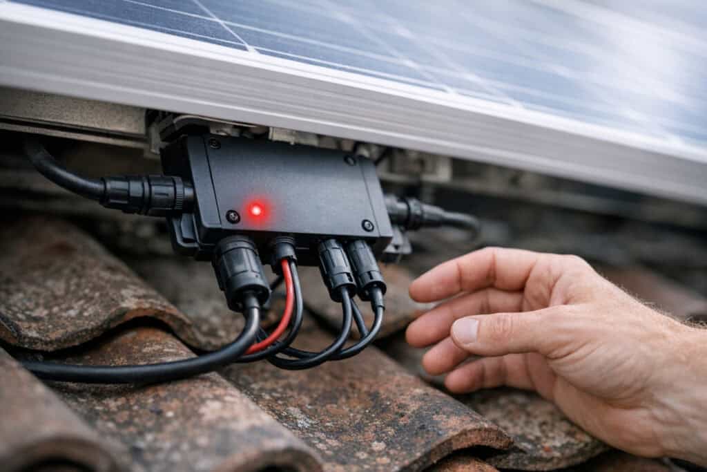 Defecte micro-omvormer onder een zonnepaneel met rood foutlampje