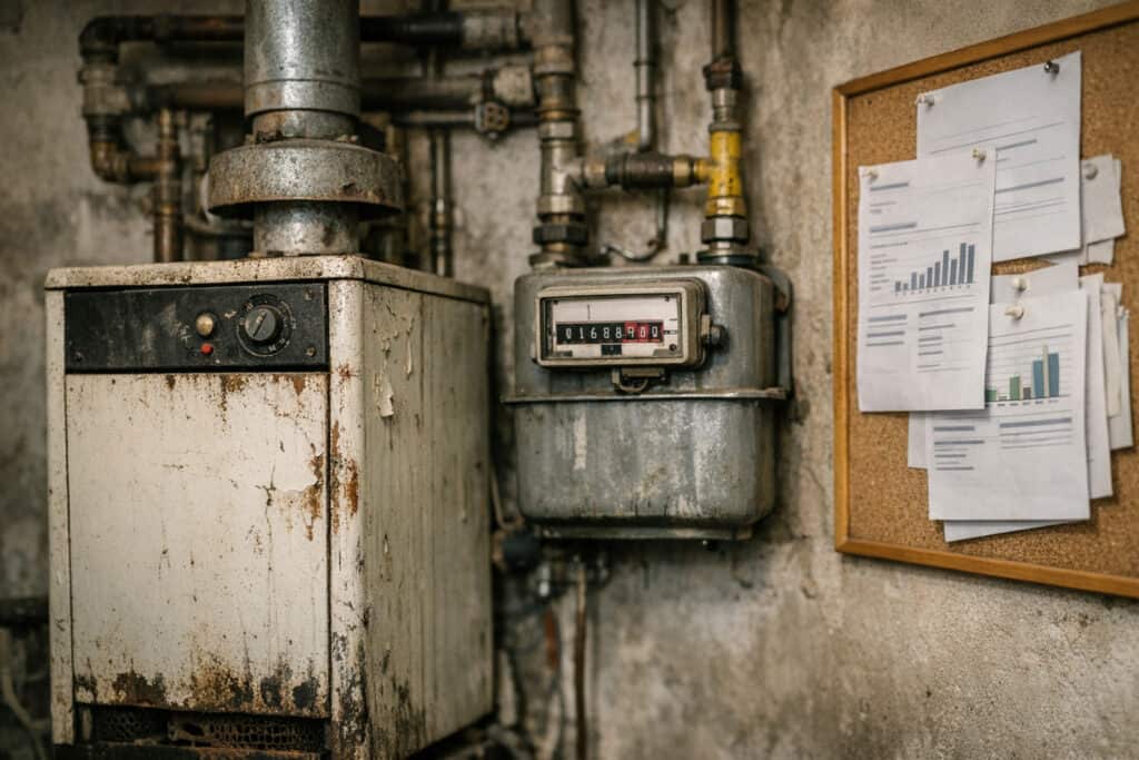 Verouderde gasketel met hoog energieverbruik die vervangen moet worden