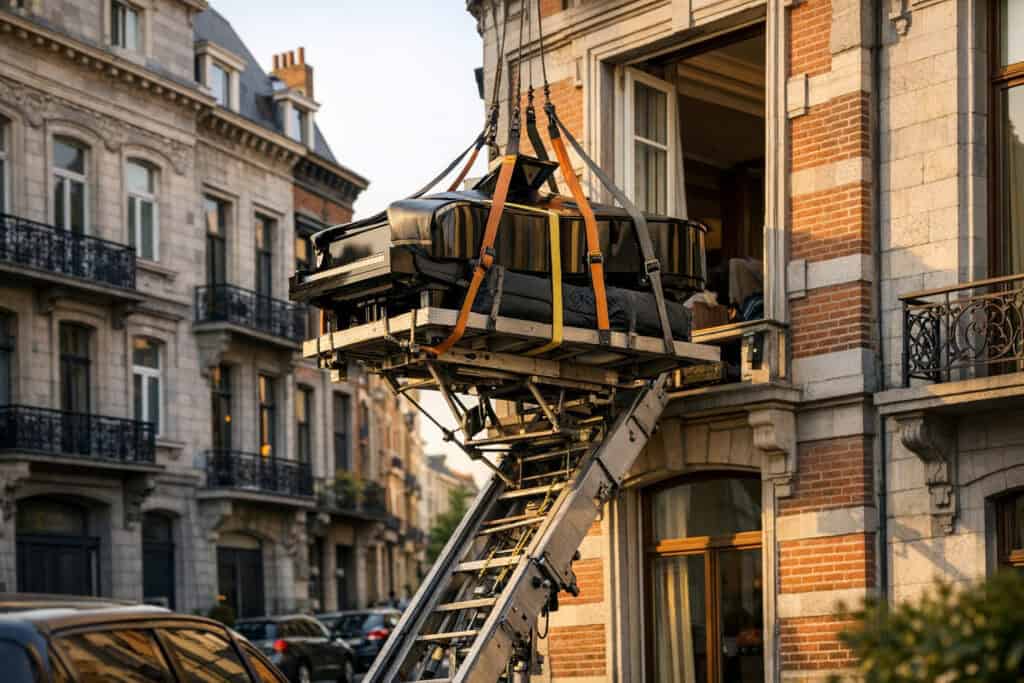 Vleugelpiano die met een meubellift langs een gevel omhoog gehesen wordt